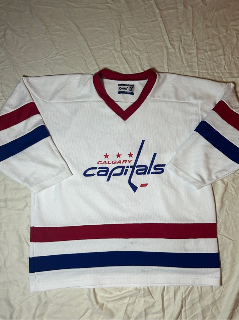 Calgary Capitals White Red & Blue Hockey Jersey - Classic Fan Tee